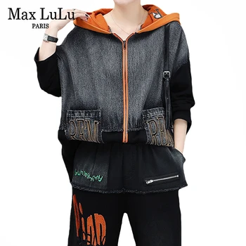 Max LuLu Rudenį Korėjos Moterų Siuvinėjimo Striukės Ir Kelnės Ponios Punk Džinsinis Audinys Tinka Juoda Su Gobtuvu Atspausdinta Dviejų Dalių Rinkiniai Plius Dydis