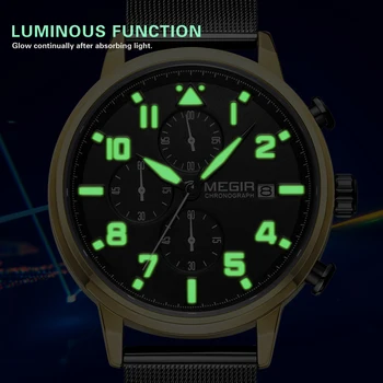 MEGIR 2020 Naujas Black Mens Laikrodžiai su Nerūdijančio Plieno Juosta Verslo Chronograph Kvarcas Žiūrėti Vyrų Laikrodis Relogio Masculino