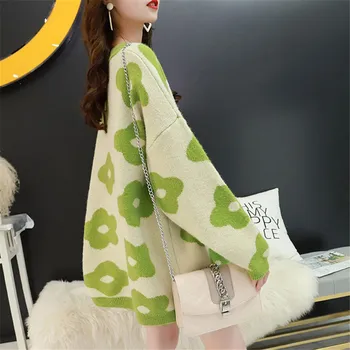 Megzti Megztinis Moterims Green Plus Size Laisvas Megztinis 2019 Nauja Rudens Žiemos korėjos Geltona Oranžinė Gėlių ilgomis Rankovėmis Viršūnes LD1181