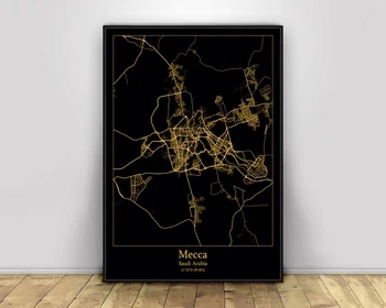 Meka, Saudo Arabija Black&Gold Miesto Šviesos Žemėlapiai Užsakymą Pasaulio Miesto Žemėlapį, Plakatai, Drobė Spausdina Šiaurės Stiliaus Sienos Menas Namų Dekoro