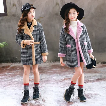 Mergaičių vilnonis švarkas rudens/žiemos 2020 korėjos versija, triušio kailis pilkos spalvos pledas striukė vaikų vilnonis švarkas 2 spalvos