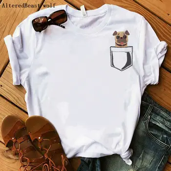 Mielas, juokingas pug šuo kišenėje madinga marškinėliai moterims vasaros trumpomis rankovėmis gyvūnų dizainas prancūzų Buldogas spausdinti moterų puikus baltas viršūnes