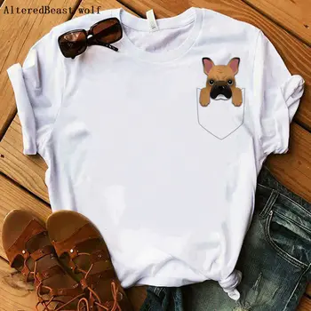 Mielas, juokingas pug šuo kišenėje madinga marškinėliai moterims vasaros trumpomis rankovėmis gyvūnų dizainas prancūzų Buldogas spausdinti moterų puikus baltas viršūnes