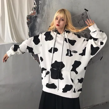 Mielas Pieninių Karvių Spausdinti Moterų Negabaritinių Hoodies 2020 M. Rudenį Šiltas Kišenėje Gobtuvu Palaidinukė Atsitiktinis Palaidų Spausdinti Žiemos Ponios Megztinis