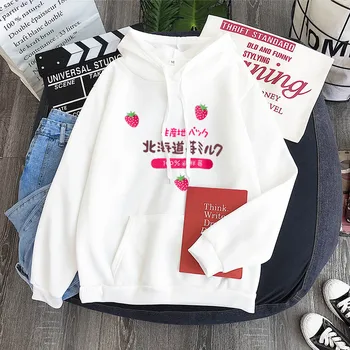 Mielas rožinis INS hoodie Hokkaido braškių pieno spausdinti hoodie Moterų Palaidinukė Hoodies Harajuku Stilius Spausdinti Drabužių, Kailio