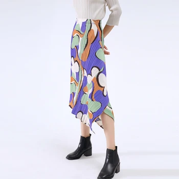 Miyake klostuotas sijonas 2020 m. rudenį naujų moterų sijonai unikalus gėlių spausdinti sijonai nesimetriškas plius dydžio sijonas streetwear moterims