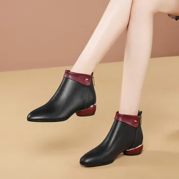 MLJUESE 2021 moterų batai karvės odos juodos spalvos užtrauktukais žiemos trumpas pliušinis kniedės turas kulniukai batai dydis 34 - 41