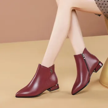 MLJUESE 2021 moterų batai karvės odos raudona spalva nurodė, kojų užtrauktukai žiemos trumpas pliušinis aikštėje kulno batai 41 dydžio