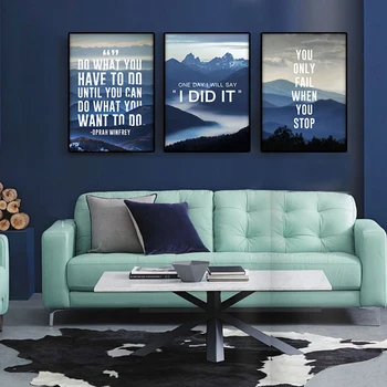 Modernios dekoracijos Laišką, Mėlyna kraštovaizdžio fotografija rūko kalnų Tekstas Drobė Meno nordic plakatas Spausdinimo 5 gabalas už kambarį