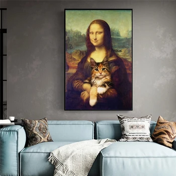 Mona Liza, turintis Katę, Juokinga Meno Drobė Paveikslų Ant Sienos Menas, Plakatų Ir grafikos Da Vinci Garsaus Meno Nuotraukas Cuadros