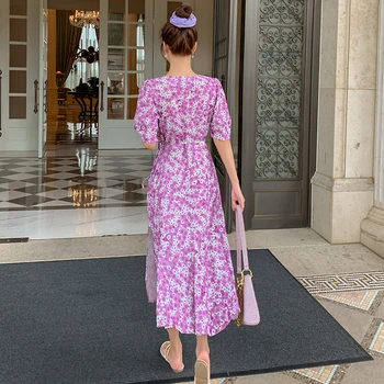 Moteris Ilgai Violetinė Gėlių Šifono Suknelė Vasaros 2020 Kilimo Ir Tūpimo Tako Elegantiška Vintage Korėjiečių Šalis Suknelė Boho Atogrąžų Paplūdimio Atostogų Suknelė