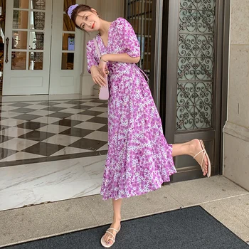 Moteris Ilgai Violetinė Gėlių Šifono Suknelė Vasaros 2020 Kilimo Ir Tūpimo Tako Elegantiška Vintage Korėjiečių Šalis Suknelė Boho Atogrąžų Paplūdimio Atostogų Suknelė