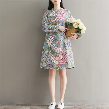 Moteris Suknelė-line Prarasti Suknelė Vintage Stiliaus Kinijos Gėlių Spausdinti Suknelės ilgomis Rankovėmis Mandarinų Apykaklės Mygtuką Vestidos