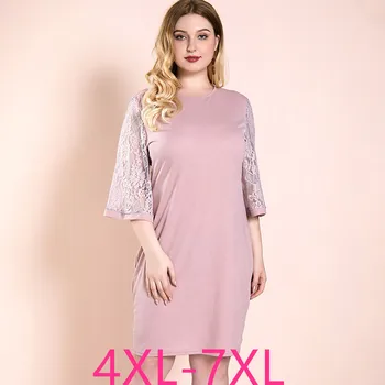 Moteris vasarą, rudenį plius dydis suknelė moterims didelis trumpomis rankovėmis prarasti atsitiktinis elastinga nėrinių O kaklo suknelės rožinė 4XL 5XL 6XL 7XL