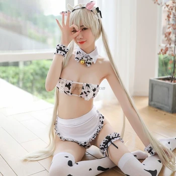 Moteriški Lolita Pieno Karvė Cosplay Kostiumų Anime Tarnaitė apatinis Trikotažas Aikštėje Taurės Mini Liemenėlė ir G-string Prijuostė Lankelis, Kojinės Bikini
