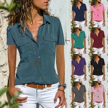 Moteriški marškinėliai kieto spalvų viršūnes Moterų trumparankoviai atvartas viršūnes Moterų elegantiškas vasaros, nauja