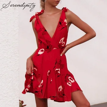 Moterys Trumpas Dress up Moterų Mini Suknelė Bohemijos Vasaros Sundress 2020 Seksualus V-kaklo Gėlių Spausdinti-line Susiėmę Nėrinių Rankovių