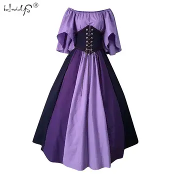 Moterų Derliaus Viduramžių Suknelė Kvadratinių Kaklo Nėrinių Ilgomis Rankovėmis Suknelę, Helovyno Cosplay Kostiumas Suknelė