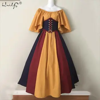 Moterų Derliaus Viduramžių Suknelė Kvadratinių Kaklo Nėrinių Ilgomis Rankovėmis Suknelę, Helovyno Cosplay Kostiumas Suknelė