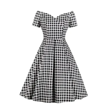 Moterų Elegantiškas Mados Šalis Prom Vestido Off Peties Patikrinti, Chalatas, Pledas Pinup Midi Sūpynės 50 60s 1950 Retro Vintage Suknelė