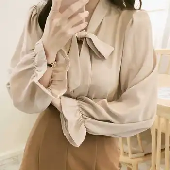 Moterų Elegantiškas Viršūnes Moteris Rudenį Rudenį Pagrindinio Nešioti Ilgomis Rankovėmis Korėja Stiliaus Temperamentas Lady Mygtuką Balta Peteliškė Marškinėliai 8603