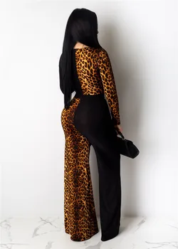 Moterų Gatvės Kostiumas Seksualus Apkarpyti Viršūnes Leopardas Spausdinti Ilgomis Rankovėmis Grakštus 2 Dalių Komplektas Apvalkalą Ilgas, Platus Kojos Kelnės Elegantiškos Ledi Outwear