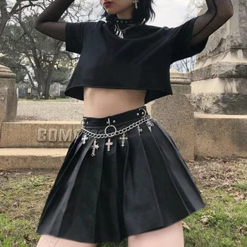 Moterų Gotikos Sijonai Dark Punk Vasarą, Rudenį Streetwear Goth PU Zippper Metalinio Žiedo, Plisuotos Seksualus Atsitiktinis Mini Sijonas vientisos Spalvos