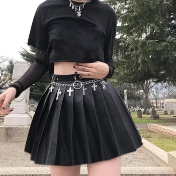 Moterų Gotikos Sijonai Dark Punk Vasarą, Rudenį Streetwear Goth PU Zippper Metalinio Žiedo, Plisuotos Seksualus Atsitiktinis Mini Sijonas vientisos Spalvos