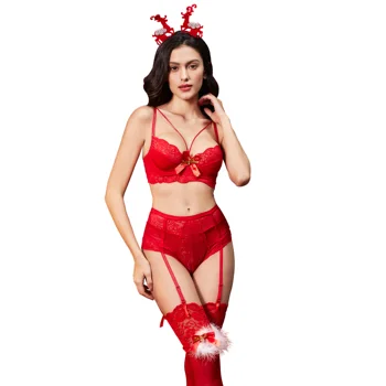 Moterų Kalėdų sexy liemenėlė nustatyti, apatiniai, kojinės, petnešos 3 gabalus gimimo metai raudoną kostiumą, raudonos Kalėdų aksomo gyvulių Elk