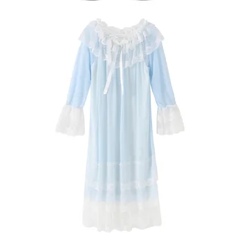 Moterų Ledo Šilko Baltas Rožinis Mėlynas Princesė Dress Sleepshirts Vintage Stiliaus Rūmai Daugiasluoksnės Nėrinių Akių Prarasti Nightgowns S M L