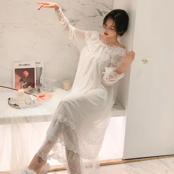Moterų Ledo Šilko Baltas Rožinis Mėlynas Princesė Dress Sleepshirts Vintage Stiliaus Rūmai Daugiasluoksnės Nėrinių Akių Prarasti Nightgowns S M L