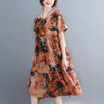 Moterų, Literatūros Ir Meno Didelio Dydžio Korėjos Atsitiktinis Palaidų Midi Suknelė Spausdinti Vasaros Derliaus Negabaritinių Moterų Suknelės, Gėlių Mėlyna