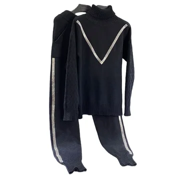 Moterų Megztinis Elastinga Juosmens Kelnės 2 vnt Mados Rhineston Duobute Šiltas Megztas Tinka Žiemos Drabužių