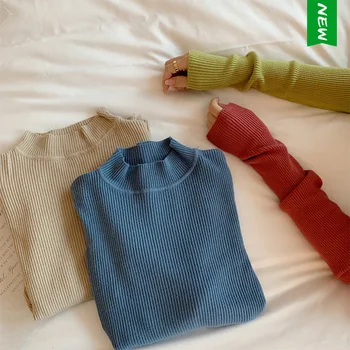 Moterų megztinis ilgomis rankovėmis Megztinis rudenį, žiemą 2020 naujas vientisos spalvos apačioje marškinėliai slim stora pusę aukšto kaklo megztinis