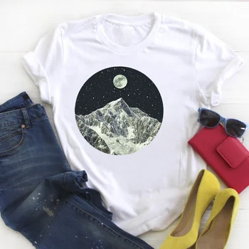 Moterų Mėnulio Kalnų Naktį Atsitiktinis Spausdinti Trumpas Rankovės Ponios Vasaros T Tee Moterų Top Marškinėliai Drabužių Marškinėlius Moterų Grafinis T-shirt