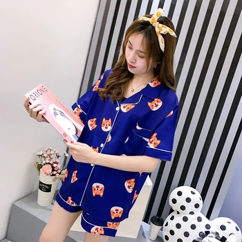 Moterų Pajama Nustatyti Vasaros Animacinių Filmų Harajuku Shiba Inu Spausdinti Kawaii Pižamos Korėjiečių Japonų Anime Šuo Pijama Mujer Šilko Sleeepwear