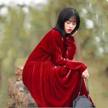 Moterų Rudenį & Žiemos Elegantiškas China Aksomo Suknelė Festa Moterų prekės 5XL 6XL Šalies Vestidos Derliaus Drabužius, plius dydis veliūras suknelė