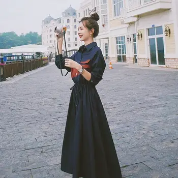 Moterų suknelė korėjos rudens Pilnas Kietų Biuro Lady-Line suknelė Vidurio Blauzdos Imperijos Turn-žemyn Apykaklės ilga suknelė ladylike