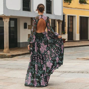 Moterų Vasaros Suknelė 2019 Atsitiktinis ilgomis Rankovėmis Backless Ilga Suknelė Boho Gėlių Spausdinti Maxi Suknelė O-kaklo Elegantiškas Suknelės Vestidos