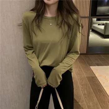 Moterų vientisos spalvos atsitiktinis ilgomis rankovėmis apvalios kaklo medvilnės marškinėliai 2020 pilka