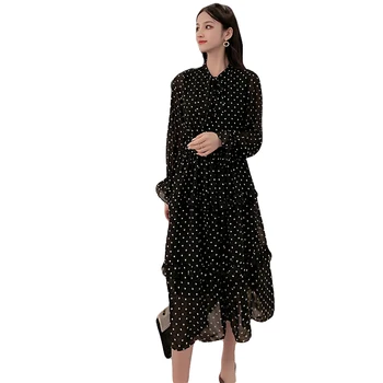 Moterų Šifono Suknelė 2020 M. Pavasario Žiemos Moterų Elegantiška Vintage ilgomis Rankovėmis Atspausdintas Dot-line Sluoksnių Suknelės Atsitiktinis Vestidos