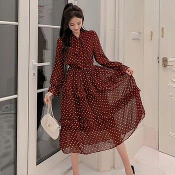 Moterų Šifono Suknelė 2020 M. Pavasario Žiemos Moterų Elegantiška Vintage ilgomis Rankovėmis Atspausdintas Dot-line Sluoksnių Suknelės Atsitiktinis Vestidos