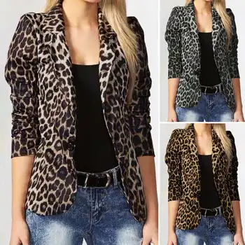 Moterų Švarkas 2021 Atsitiktinis Ponios Office Kostiumai ZANZEA Pavasarį, Rudenį Moterų Leopard Atvartas Outwear Vieno Mygtuko Kailis Negabaritinių 5XL