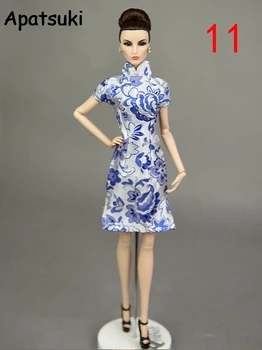 Mėlynos Spalvos Rankų Darbo Tradicinę Kinų Suknelė Barbie Lėlės Drabužiai Cheongsam Aukšto Kaklo Qipao Unikalus Vakaro Suknelės, Suknelės Vestido