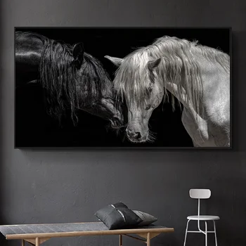 Namų Dekoro Spaudinių Gyvūnų Arklys Baltas Juodas Tapybos HD Nuotraukos Sienos Meno HD Modulinės Drobės Plakatas Lovos Fone, be Rėmelio