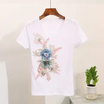 Nauja Vasaros Dviejų dalių Rinkinys Moterims Sunkus Darbas Siuvinėjimo 3D Gėlių Tshirts + Pearl Džinsai 2 gabalas Rinkiniai, Laisvalaikio Kostiumai, Komplektai, MY1684