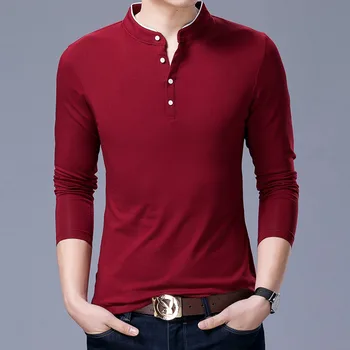 Nauja Vyrų T Shirt Mens Atsitiktinis Medvilnės ilgomis Rankovėmis Mandarinų Apykaklės Marškinėlius Mens Plius Dydis 4XL 5XL vientisos Spalvos Tee marškinėliai Topai