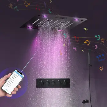 Naujai Muzikos Dušo Komplektas Vonios Lubų LED Dušo sienelė Kritulių Krioklys Dušo Galvutė Termostatiniai Juoda Dušo Maišytuvai