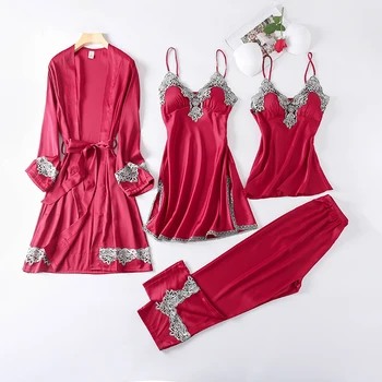 Naujas 4 Gabalus Moterų Pižama Rinkiniai Dirbtiniais Šilko Pižama Sleepwear Rinkiniai, Elegantiškas, Seksualus Nėriniai Tekstūros Pavasarį, Vasarą, Rudenį Homewear