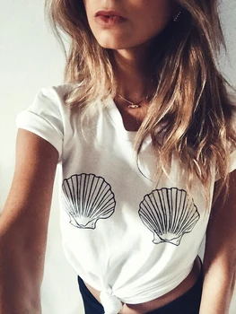Naujas atvykimo Sea shell atspausdinta marškinėliai juokingi marškinėliai moterims mados viršūnes hipster marškinėliai vasaros atsitiktinis merginos viršūnes tees - K032